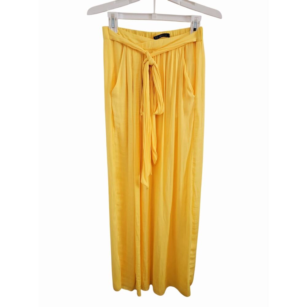 Zara Trafaluk Yellow Midi Belted Skirt Pockets Semi Sheer Sz XS